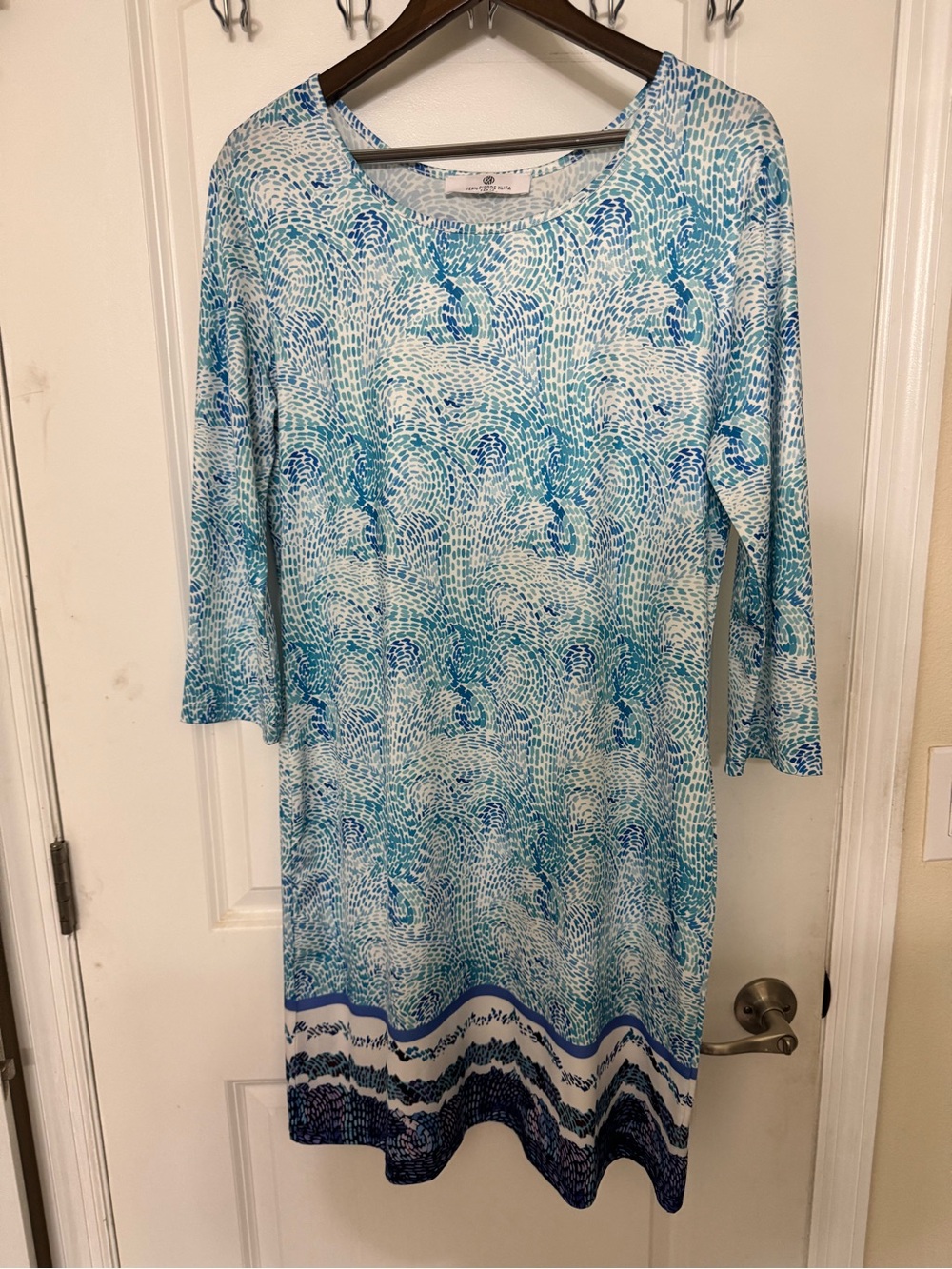 Long Sleeve Blue Patterned Knit Shift Dress